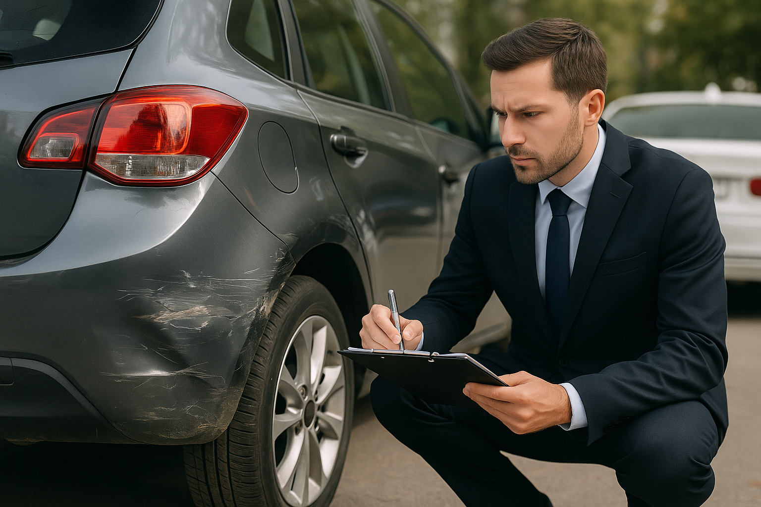 Insurance adjuster inspecting car accident damage for collision repair at iDeal Auto Collision Center NYC